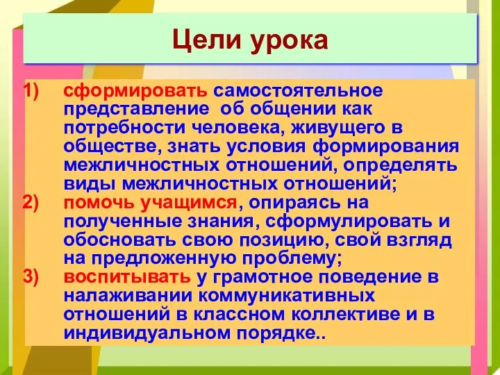 Цели урока сформировать самостоятельное представление об общении как потребности человека,