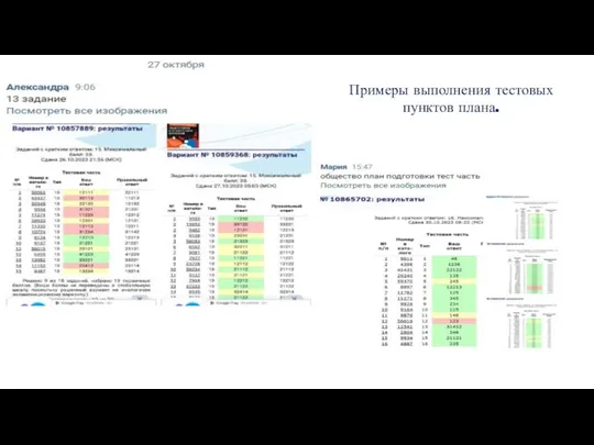 Примеры выполнения тестовых пунктов плана.