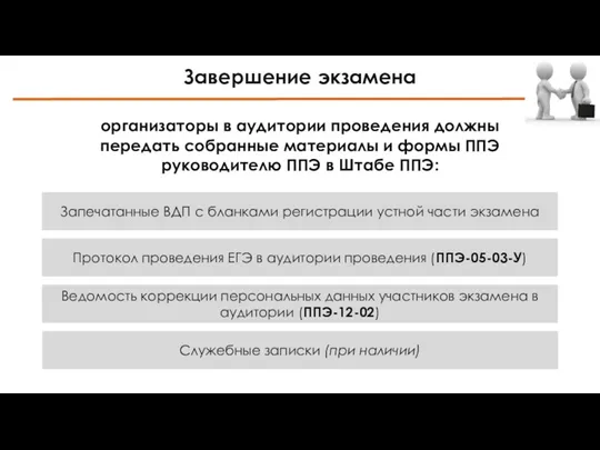 организаторы в аудитории проведения должны передать собранные материалы и формы ППЭ руководителю ППЭ