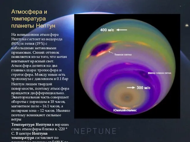 Атмосфера и температура планеты Нептун На возвышении атмосфера Нептуна состоит из водорода (80%)