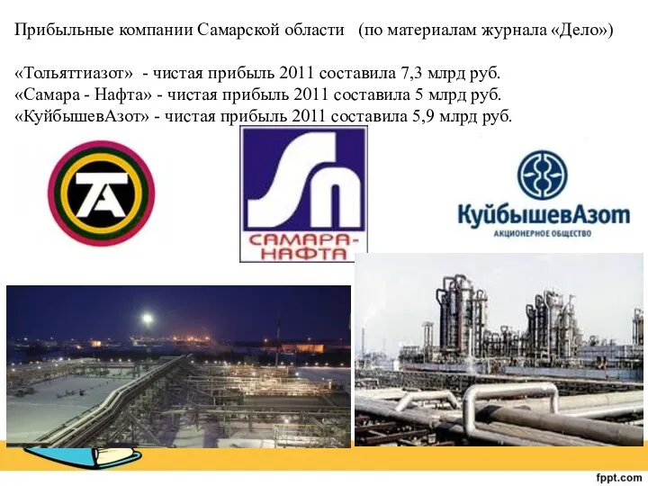 Прибыльные компании Самарской области (по материалам журнала «Дело») «Тольяттиазот» - чистая прибыль 2011