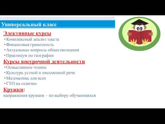 Универсальный класс Элективные курсы Комплексный анализ текста Финансовая грамотность Актуальные вопросы обществознания Практикум