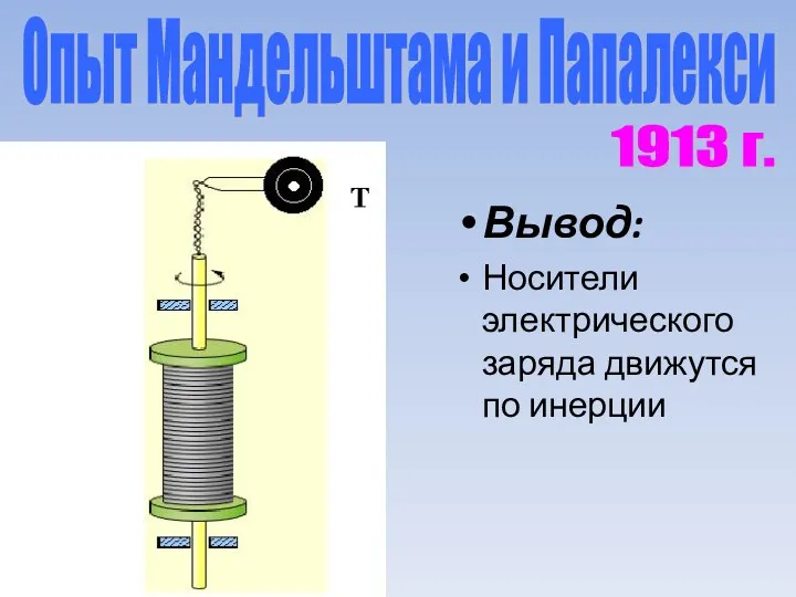 Опыт Мандельштама и Папалекси Вывод: Носители электрического заряда движутся по инерции 1913 г.