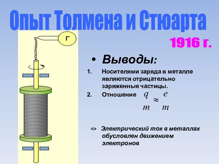 Опыт Толмена и Стюарта Выводы: Носителями заряда в металле являются