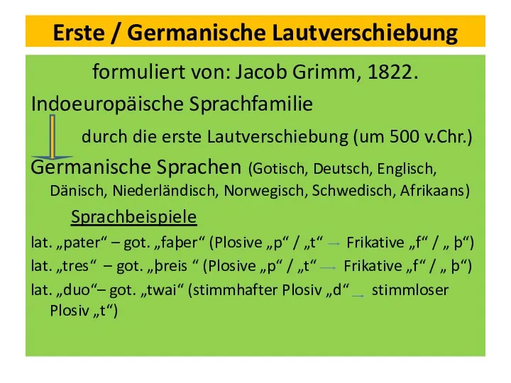 Erste / Germanische Lautverschiebung formuliert von: Jacob Grimm, 1822. Indoeuropäische