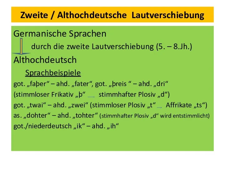 Zweite / Althochdeutsche Lautverschiebung Germanische Sprachen durch die zweite Lautverschiebung