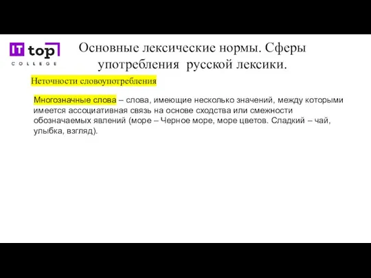 Основные лексические нормы. Сферы употребления русской лексики. Неточности словоупотребления Многозначные