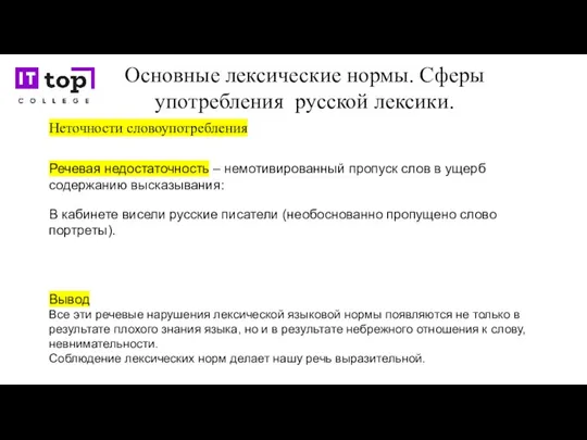 Основные лексические нормы. Сферы употребления русской лексики. Неточности словоупотребления Речевая