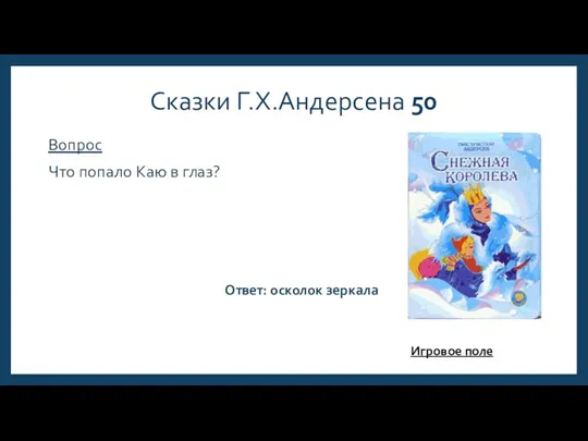 Сказки Г.Х.Андерсена 50 Вопрос Что попало Каю в глаз? Ответ: осколок зеркала Игровое поле