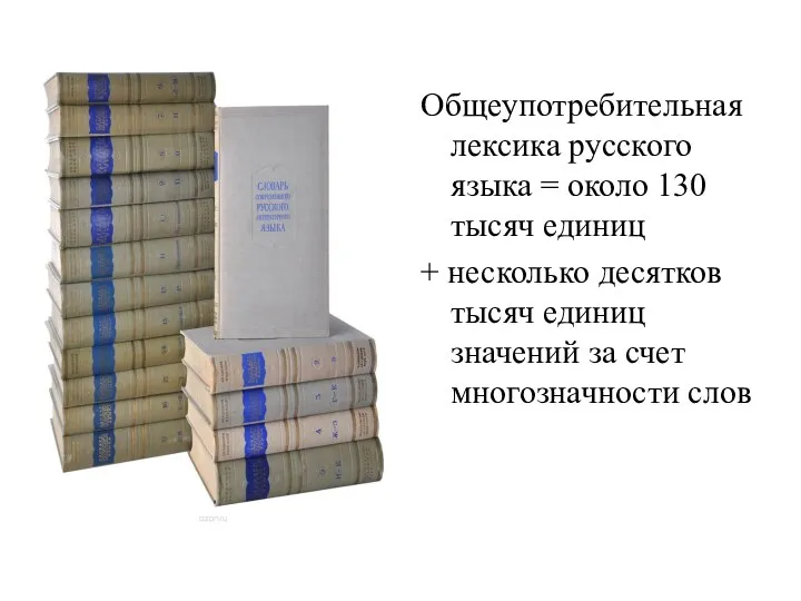 Общеупотребительная лексика русского языка = около 130 тысяч единиц + несколько десятков тысяч