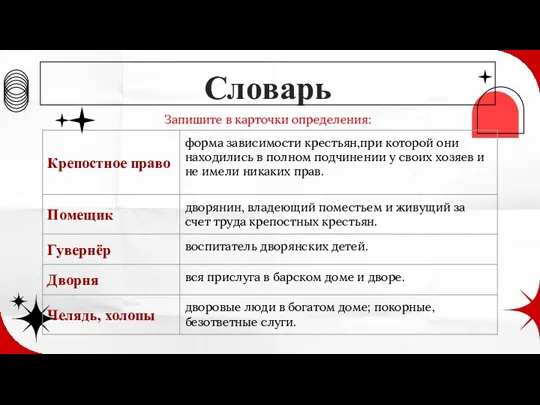 Запишите в карточки определения: Словарь