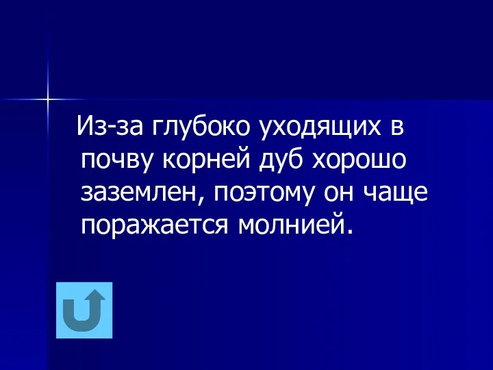 Из-за глубоко уходящих в почву корней дуб хорошо заземлен, поэтому он чаще поражается молнией.