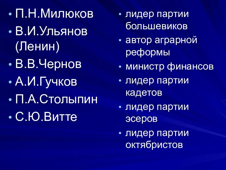 П.Н.Милюков В.И.Ульянов (Ленин) В.В.Чернов А.И.Гучков П.А.Столыпин С.Ю.Витте лидер партии большевиков автор аграрной реформы