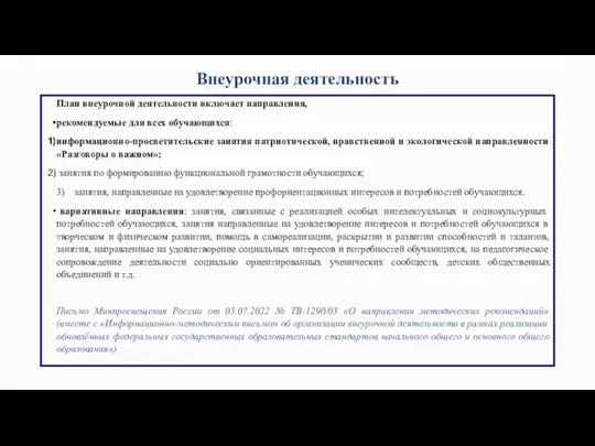 Внеурочная деятельность План внеурочной деятельности включает направления, рекомендуемые для всех