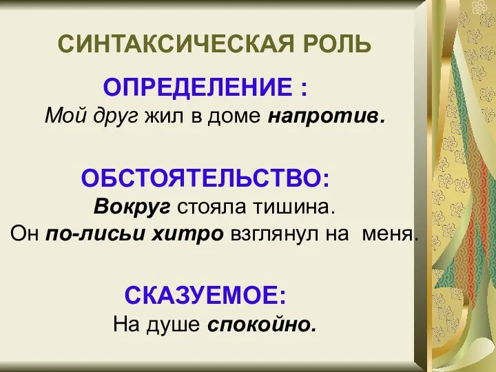 СИНТАКСИЧЕСКАЯ РОЛЬ ОПРЕДЕЛЕНИЕ : Мой друг жил в доме напротив.