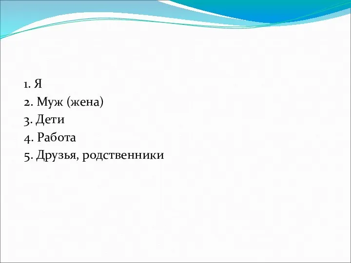 1. Я 2. Муж (жена) 3. Дети 4. Работа 5. Друзья, родственники