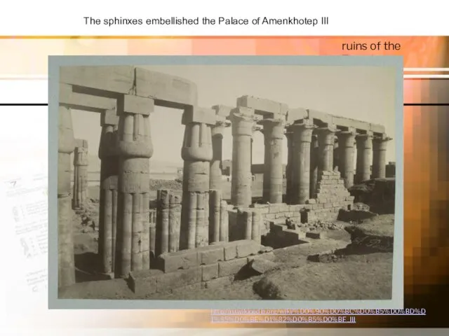 ruins of the Temple The sphinxes embellished the Palace of Amenkhotep III http://ru.wikipedia.org/wiki/%D0%90%D0%BC%D0%B5%D0%BD%D1%85%D0%BE%D1%82%D0%B5%D0%BF_III