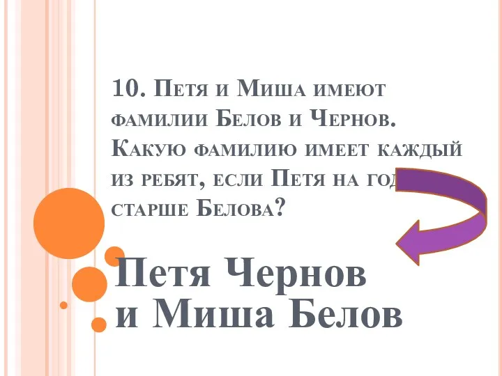 10. Петя и Миша имеют фамилии Белов и Чернов. Какую