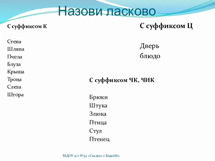 Назови ласково С суффиксом К Стена Шляпа Пчела Блуза Крыша