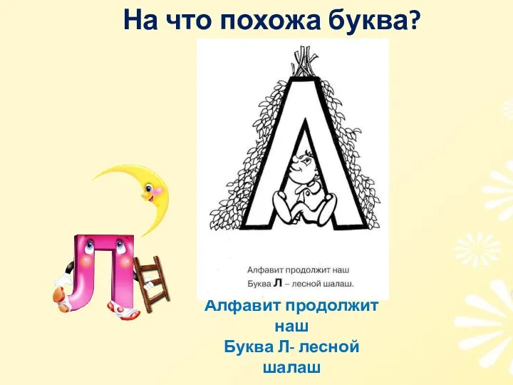 На что похожа буква? Алфавит продолжит наш Буква Л- лесной шалаш