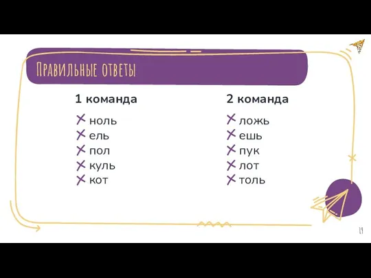 Правильные ответы ноль ель пол куль кот ложь ешь пук лот толь 1 команда 2 команда