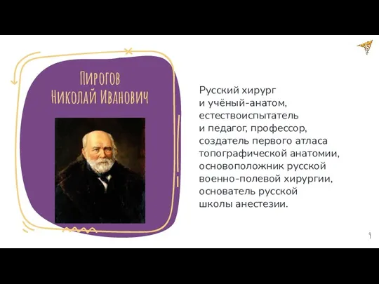 Пирогов Николай Иванович Русский хирург и учёный-анатом, естествоиспытатель и педагог,