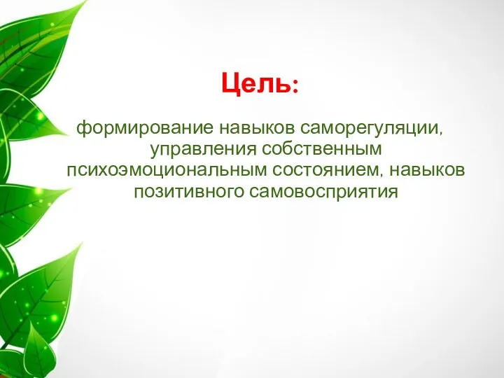 Цель: формирование навыков саморегуляции, управления собственным психоэмоциональным состоянием, навыков позитивного самовосприятия