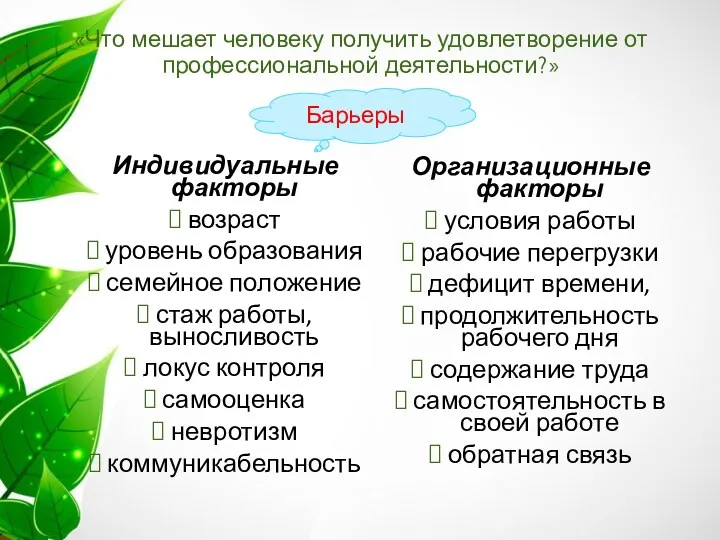 «Что мешает человеку получить удовлетворение от профессиональной деятельности?» Индивидуальные факторы