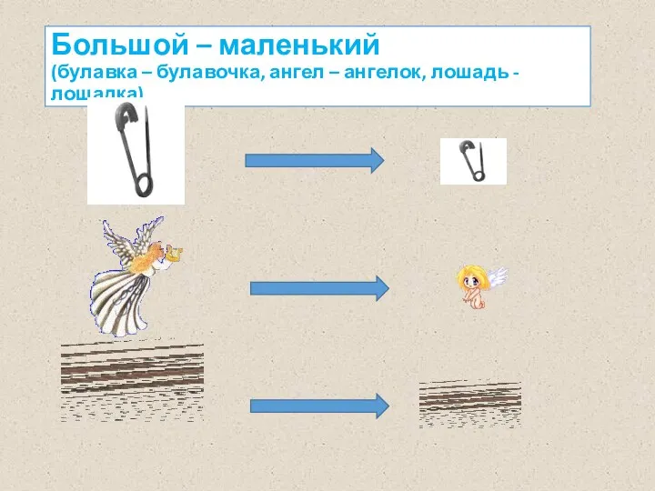 Большой – маленький (булавка – булавочка, ангел – ангелок, лошадь - лошадка)