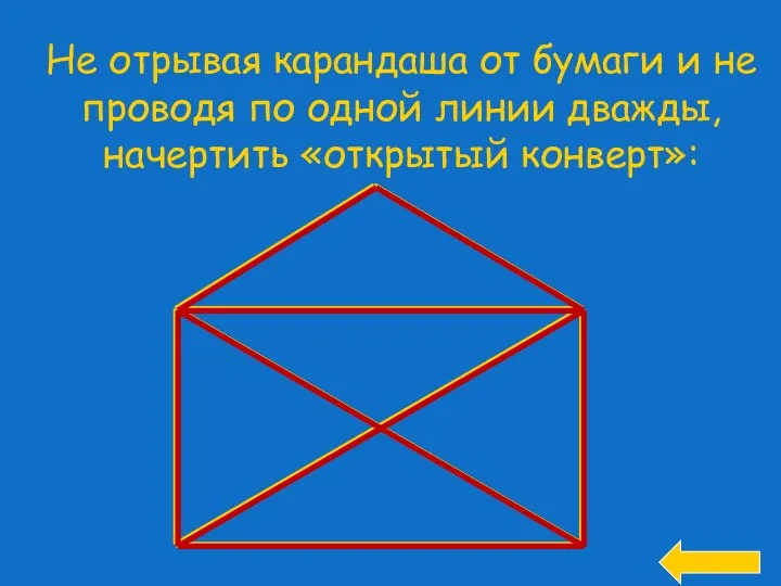 Не отрывая карандаша от бумаги и не проводя по одной линии дважды, начертить «открытый конверт»: