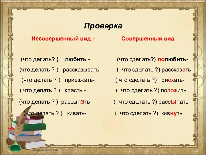 Проверка Несовершенный вид - Совершенный вид (что делать? ) любить