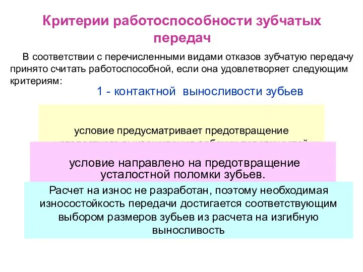 В соответствии с перечисленными видами отказов зубчатую передачу принято считать