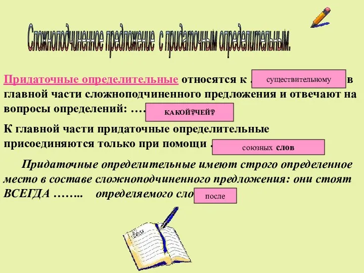 Придаточные определительные относятся к ……………………в главной части сложноподчиненного предложения и