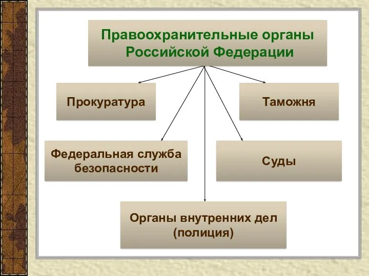 Прокуратура Таможня Федеральная служба безопасности Суды Органы внутренних дел (полиция) Правоохранительные органы Российской Федерации