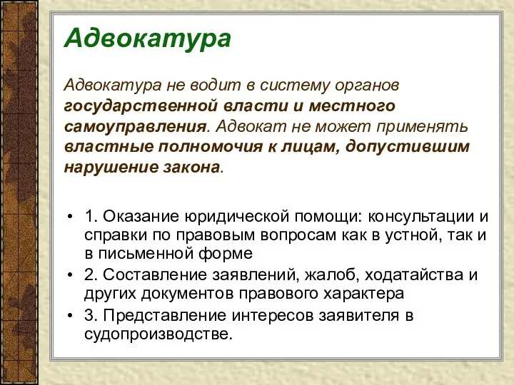 Адвокатура Адвокатура не водит в систему органов государственной власти и