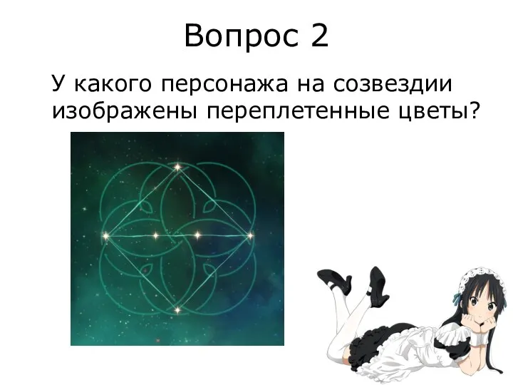 Вопрос 2 У какого персонажа на созвездии изображены переплетенные цветы?