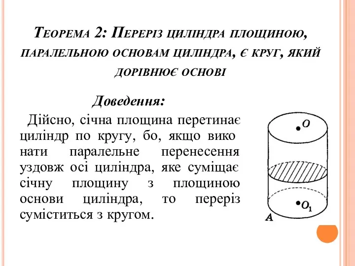 Теорема 2: Переріз циліндра площиною, паралельною основам циліндра, є круг, який дорівнює основі