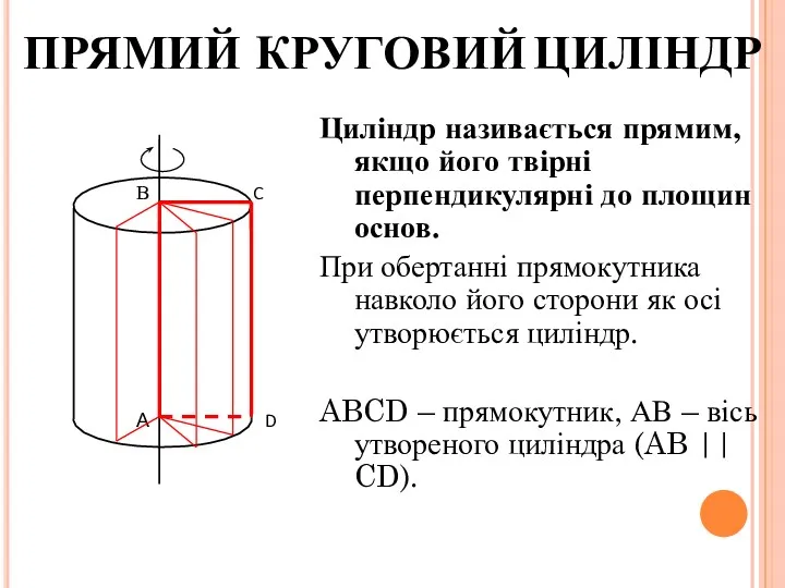 ПРЯМИЙ КРУГОВИЙ ЦИЛІНДР Циліндр називається прямим, якщо його твірні перпендикулярні до площин основ.