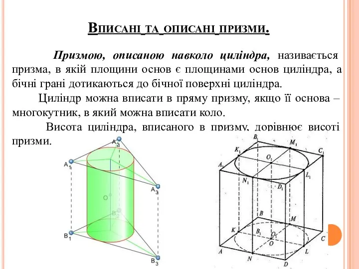 Вписані та описані призми. Призмою, описаною навколо циліндра, називається призма, в якій площини