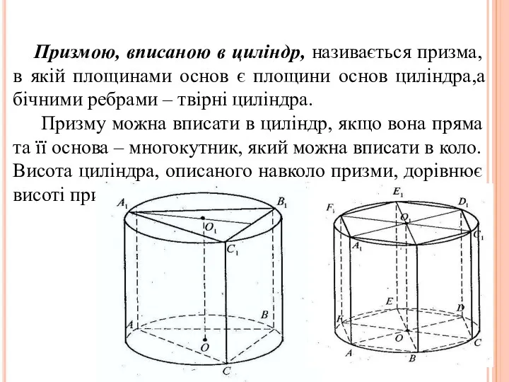 Призмою, вписаною в циліндр, називається призма, в якій площинами основ є площини основ