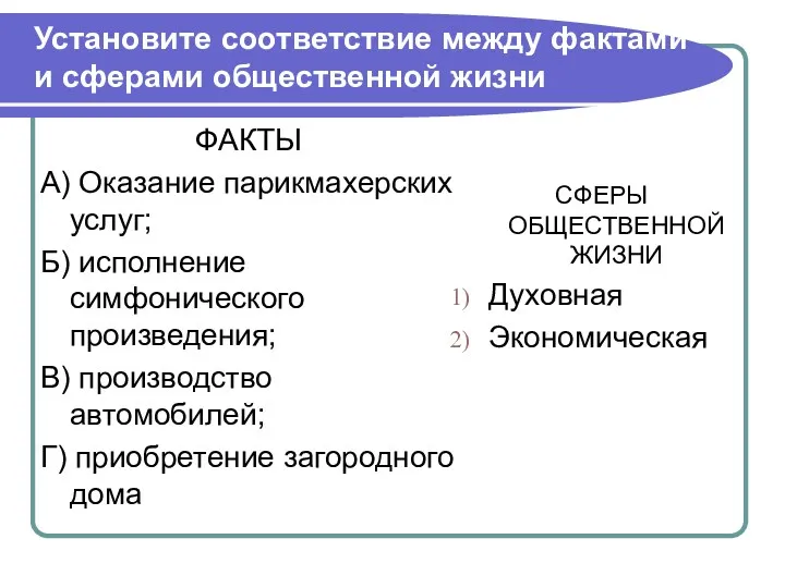 Установите соответствие между фактами и сферами общественной жизни ФАКТЫ А)