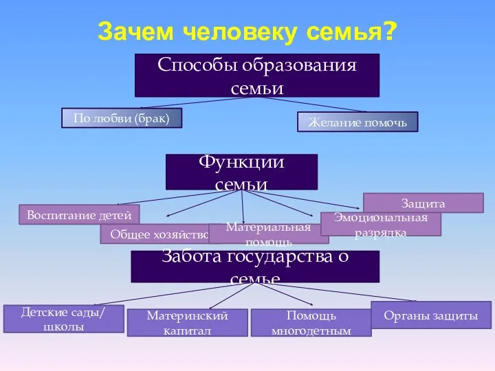 Зачем человеку семья? Функции семьи Способы образования семьи Забота государства