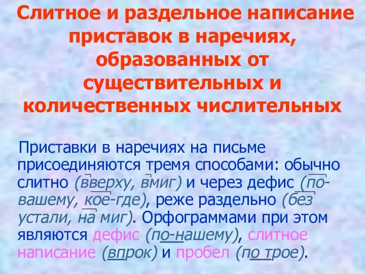 Слитное и раздельное написание приставок в наречиях, образованных от существительных