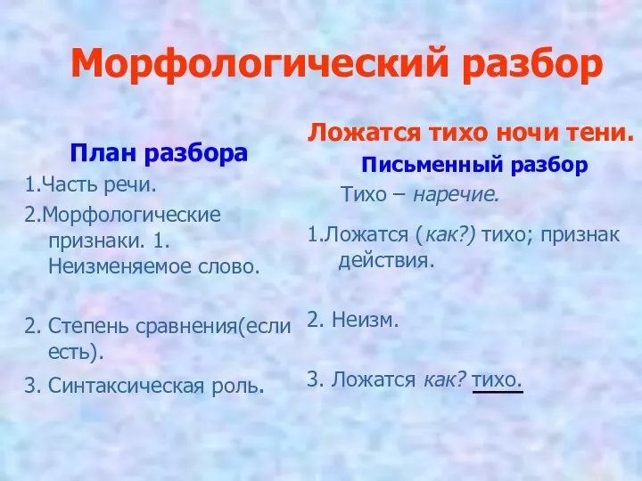 Морфологический разбор План разбора 1.Часть речи. 2.Морфологические признаки. 1.Неизменяемое слово.