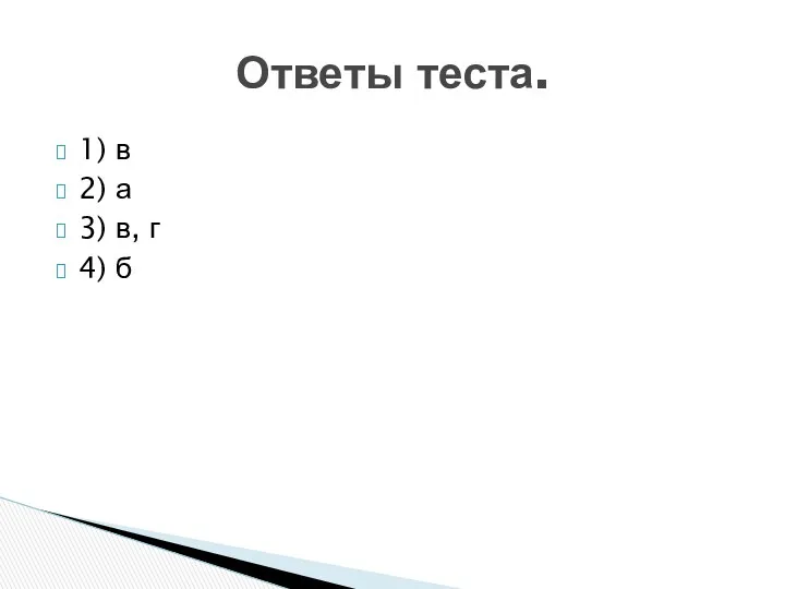 1) в 2) а 3) в, г 4) б Ответы теста.