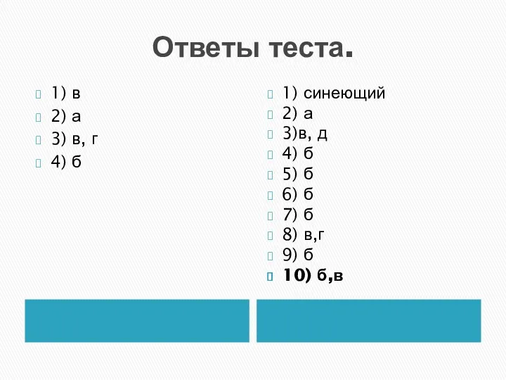 Ответы теста. 1) в 2) а 3) в, г 4)