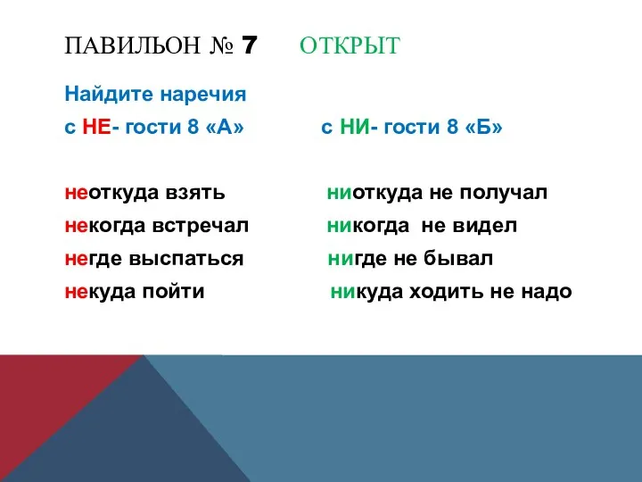 ПАВИЛЬОН № 7 ОТКРЫТ Найдите наречия с НЕ- гости 8