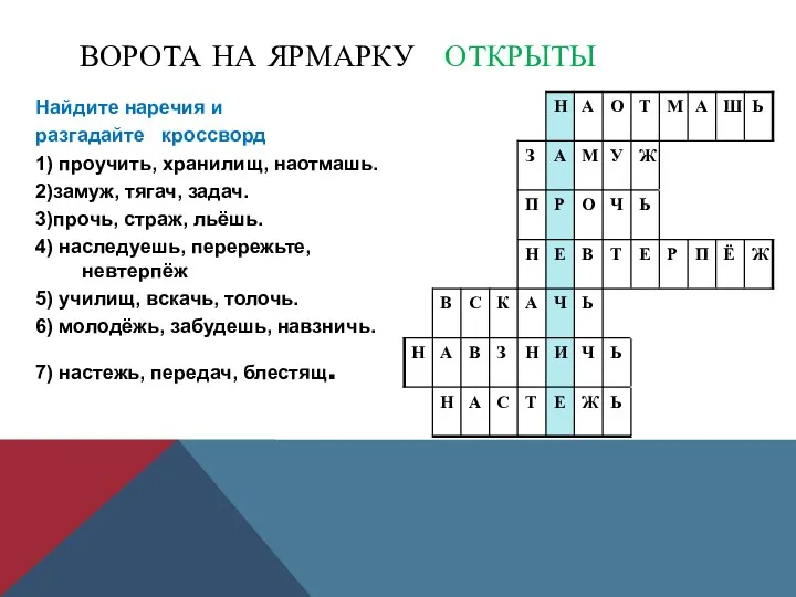 ВОРОТА НА ЯРМАРКУ ОТКРЫТЫ Найдите наречия и разгадайте кроссворд 1)