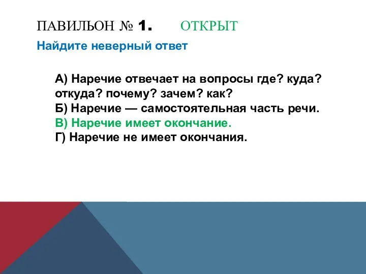 ПАВИЛЬОН № 1. ОТКРЫТ Найдите неверный ответ А) Наречие отвечает