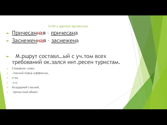 Н-НН в кратких причастиях Причесанная – причесана Заснеженная – заснежена М.ршрут составл…ый с